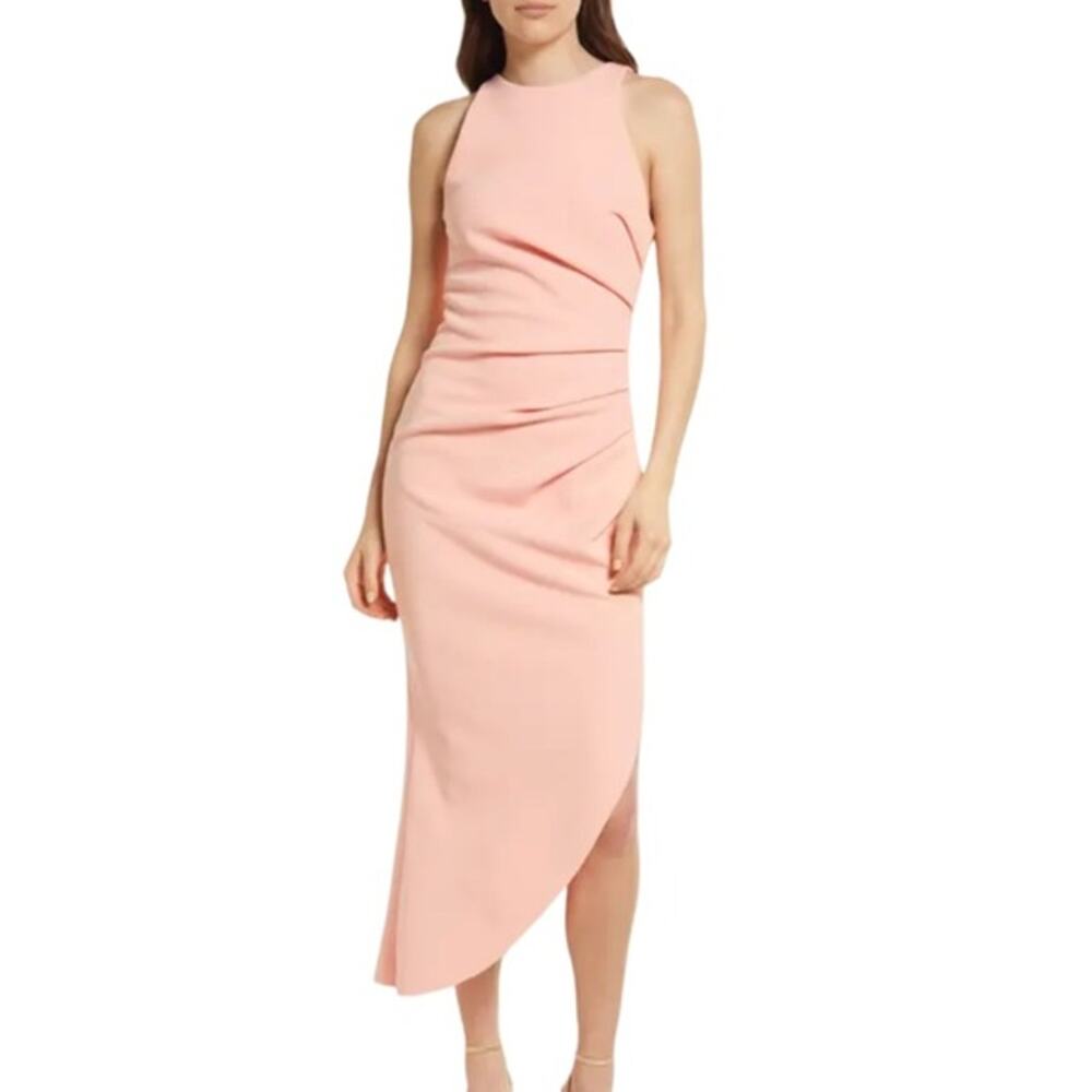 Misha | Sleeveless Ruched Ida Bonded Midi Dress in Calypso Pink